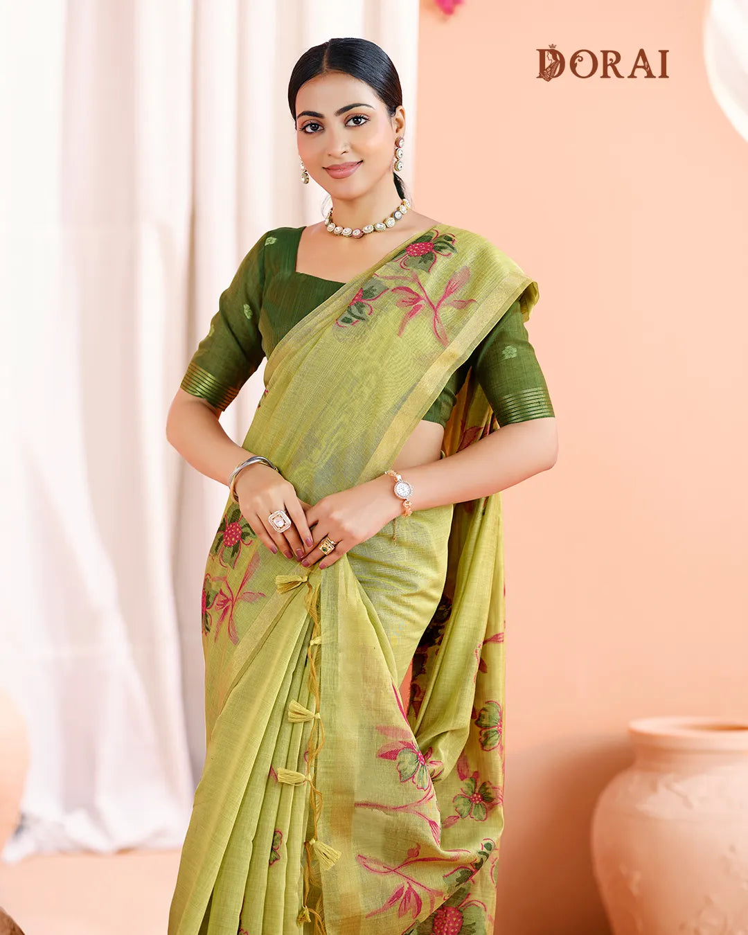 Mint Harmony – Pista Green Muga Cotton Saree with Floral Grace