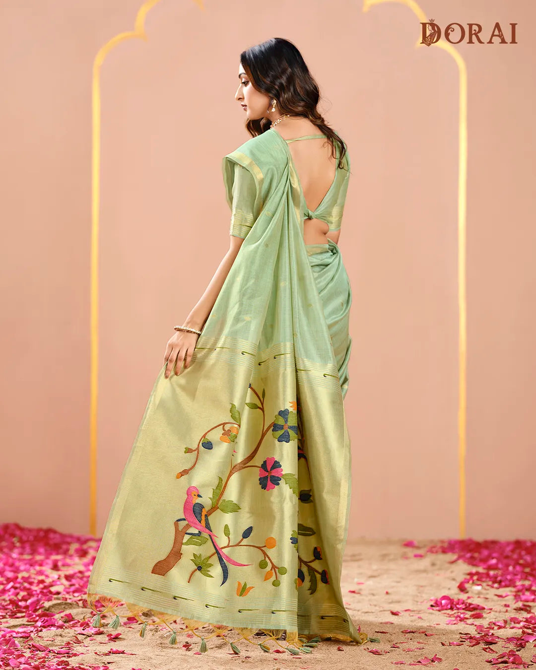 Azure Glint – Sky Blue Muga Tissue Cotton Saree with Nature Artistry