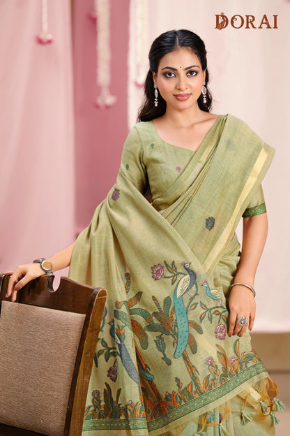 Royal Pista Green Muga Cotton Saree with Peacock Pallu