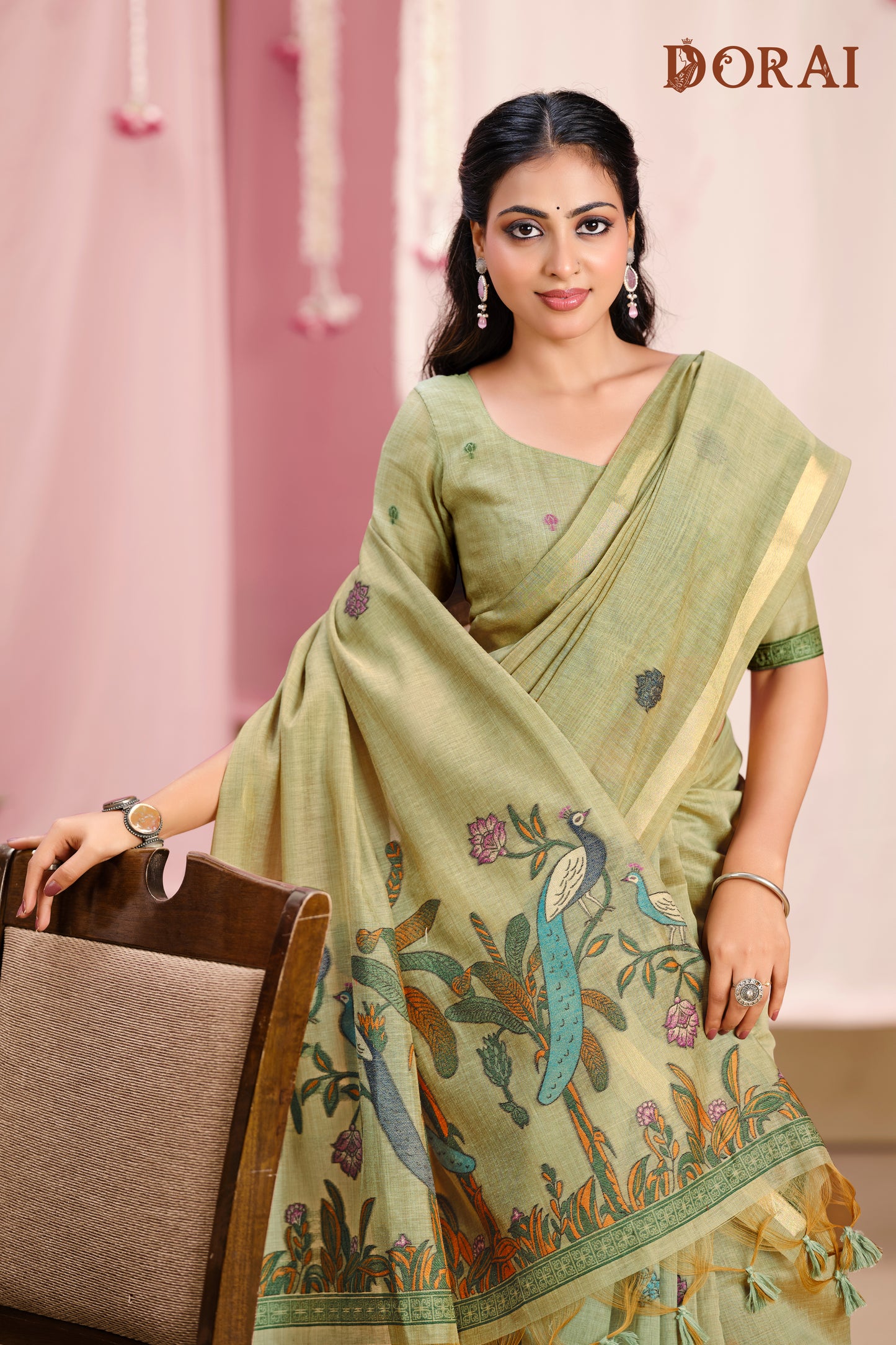Olive Green Jamdani Muga-cotton Saree | Handwoven Peacock Motifs
