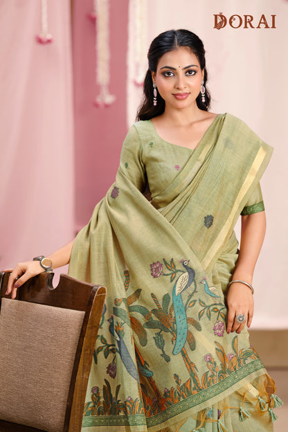 Olive Green Jamdani Muga-cotton Saree | Handwoven Peacock Motifs