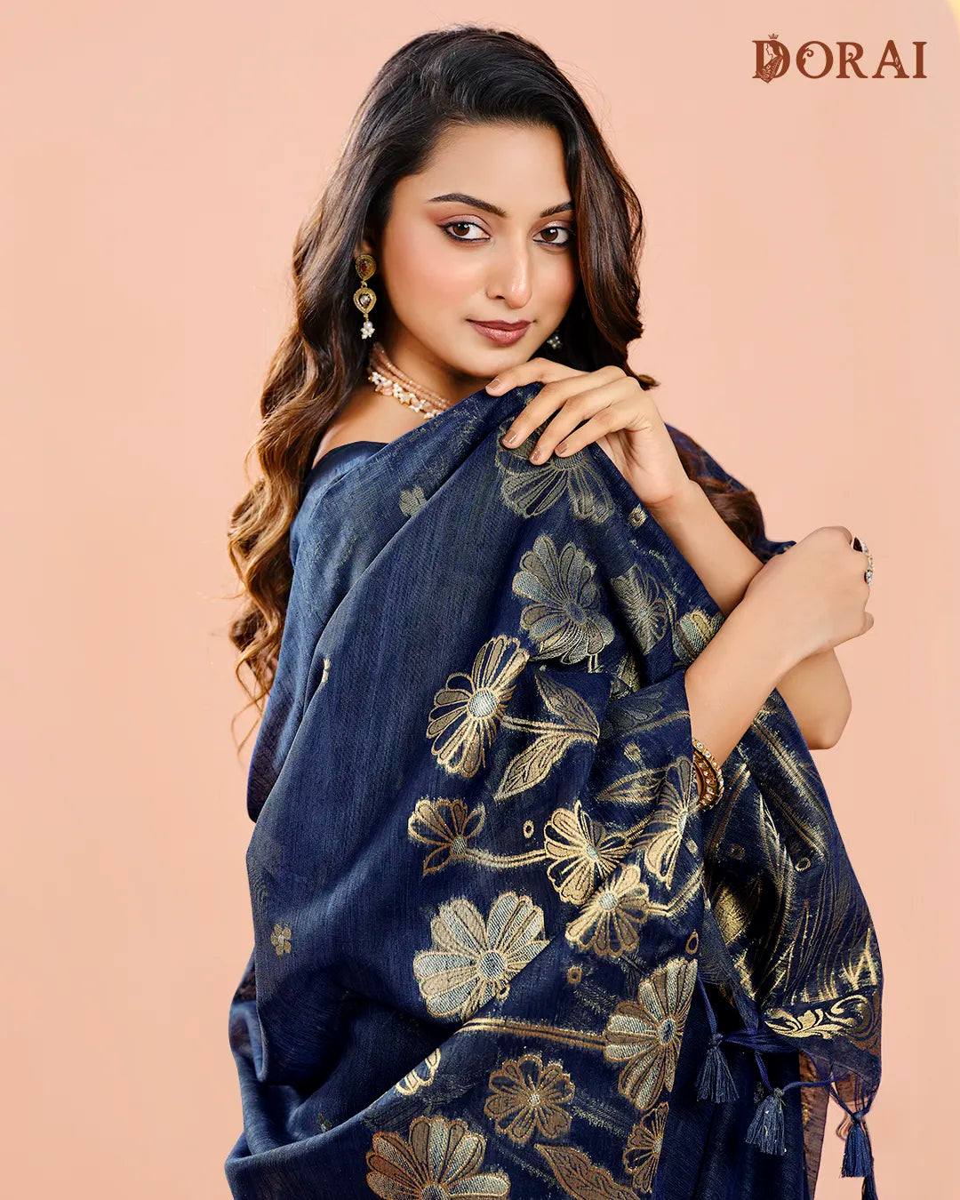 Navy Blue Jute Linen Saree with Floral Motifs