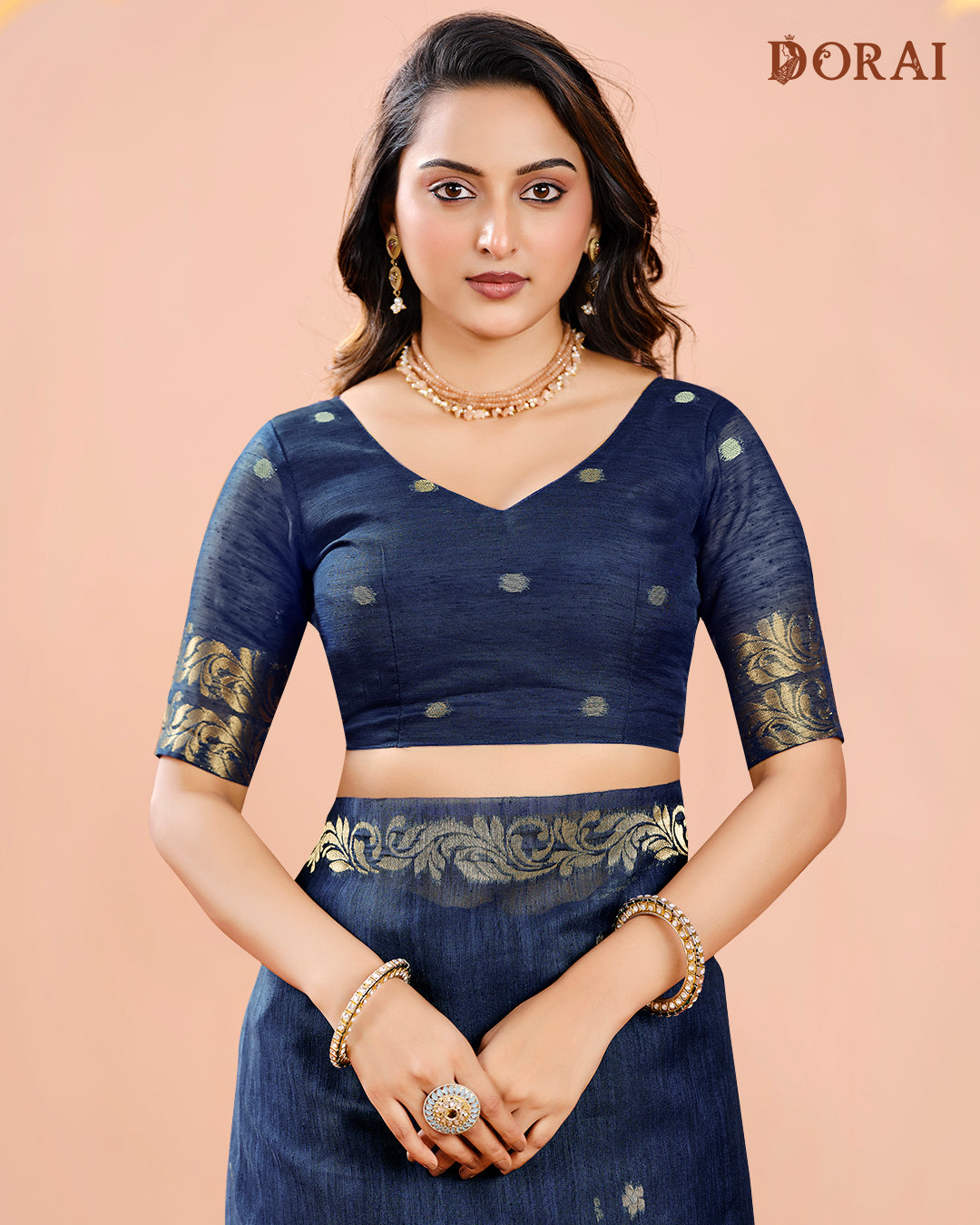 Navy Blue Zari Jamdani Saree | Handloom Jute Linen-Cotton Weave