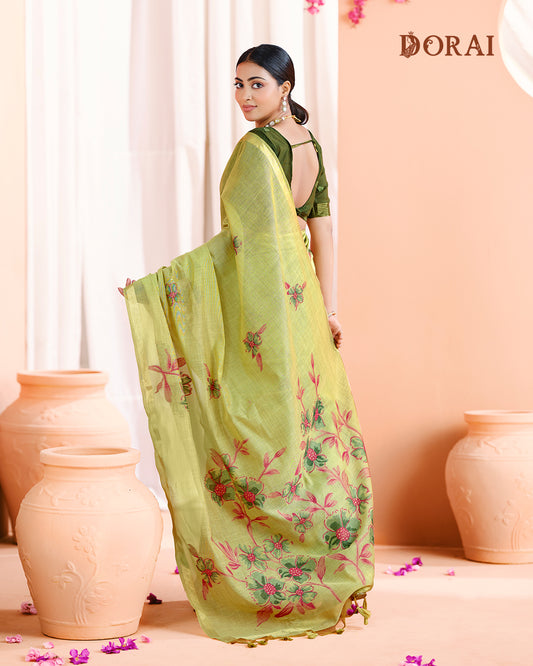 Muga Cotton Jamdani Saree – Fresh Lime Green, Woven Floral Design