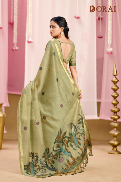 Olive Green Jamdani Muga-cotton Saree | Handwoven Peacock Motifs