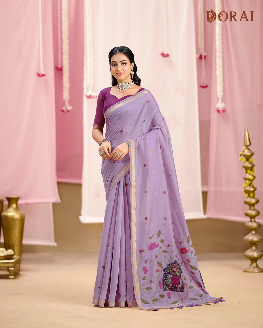 Sky Blue Muga Cotton Rangkat Saree with Traditional Heritage Motifs