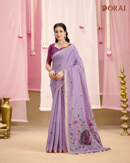 Sky Blue Muga Cotton Rangkat Saree with Traditional Heritage Motifs