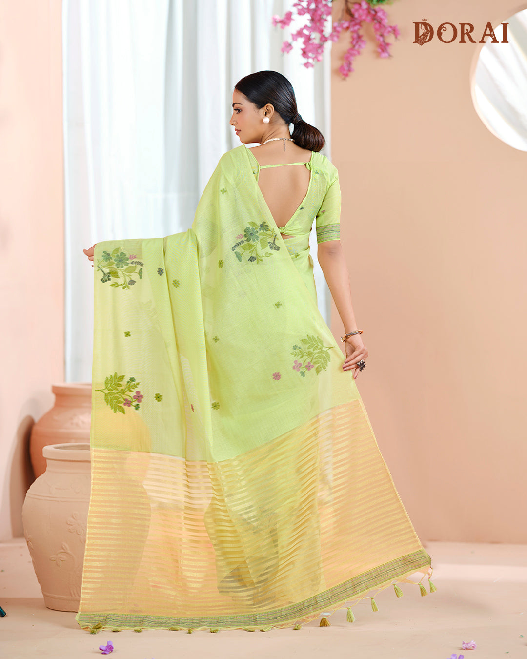 Lime Green Muga Cotton Saree | Printed Floral with Woven Oragana Pallu