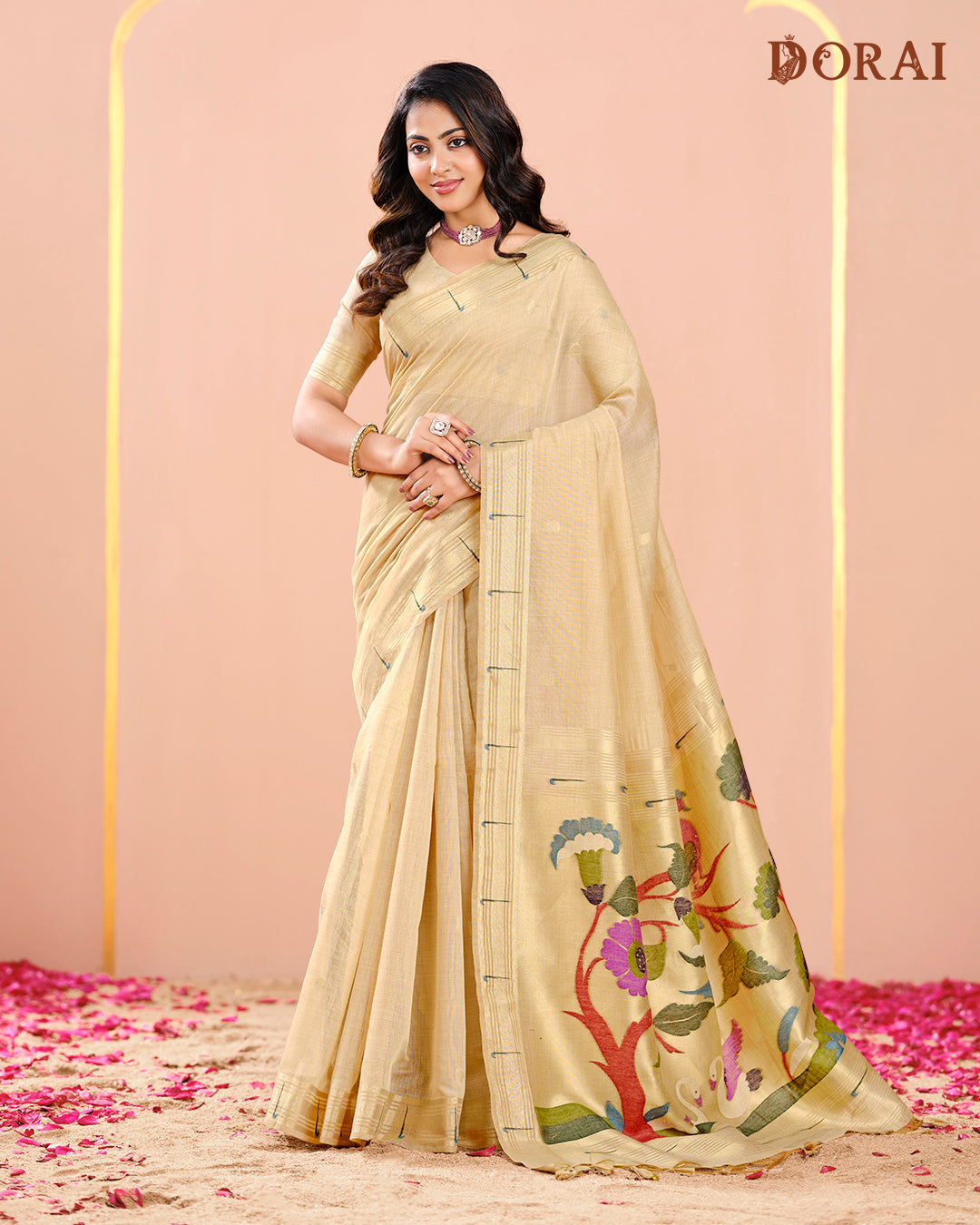 Pale Golden Beige Linen-Cotton Jamdani Saree | Paithani Inspired Artistic Woven Pallu