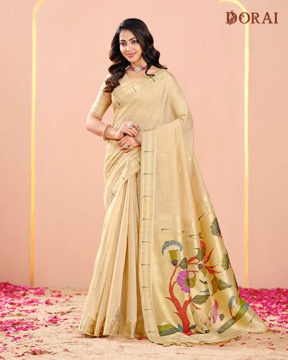 Pale Golden Beige Linen-Cotton Jamdani Saree | Paithani Inspired Artistic Woven Pallu