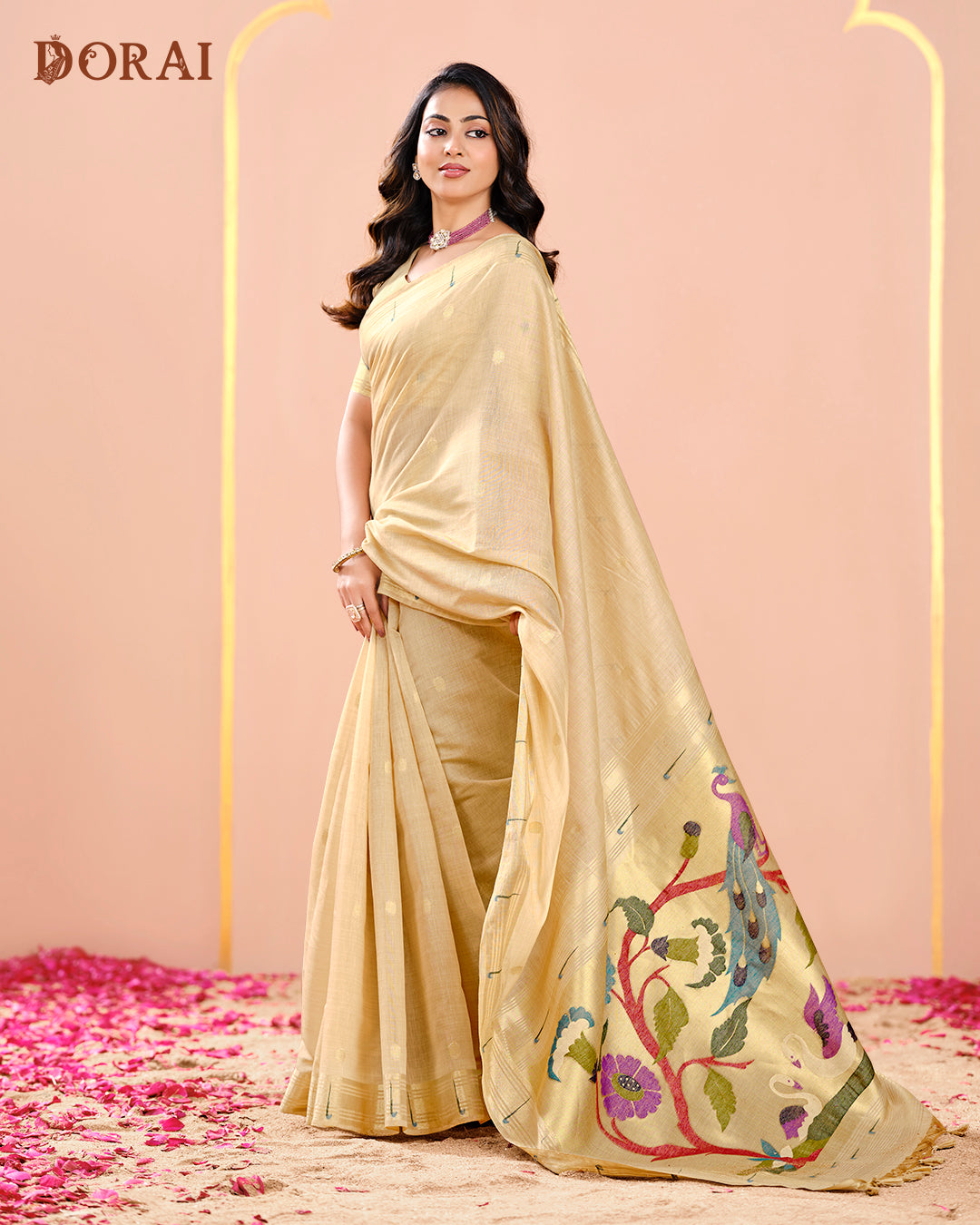 Pale Golden Beige Linen-Cotton Jamdani Saree | Paithani Inspired Artistic Woven Pallu