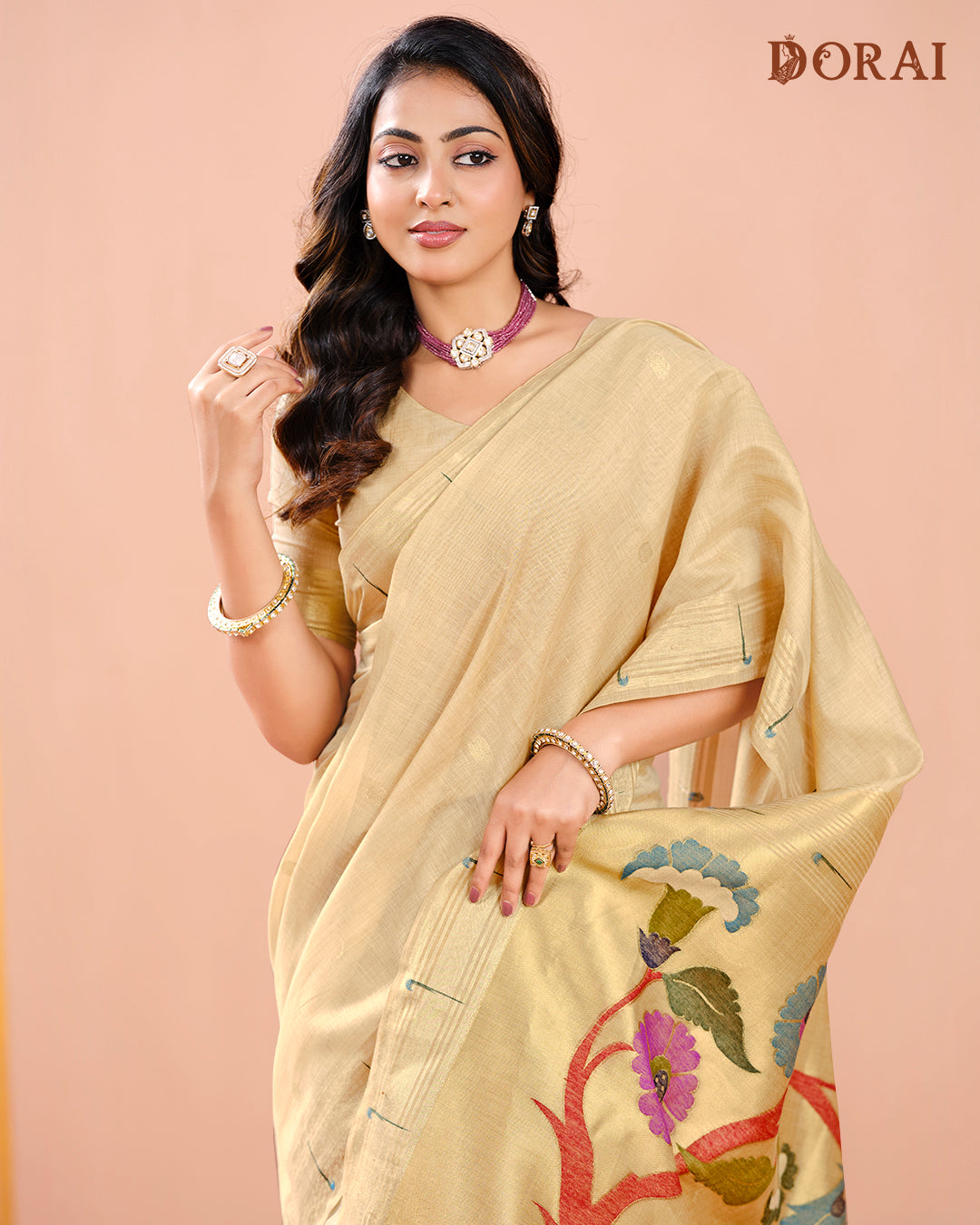 Pale Golden Beige Linen-Cotton Jamdani Saree | Paithani Inspired Artistic Woven Pallu