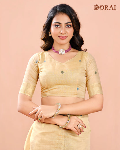 Pale Golden Beige Linen-Cotton Jamdani Saree | Paithani Inspired Artistic Woven Pallu