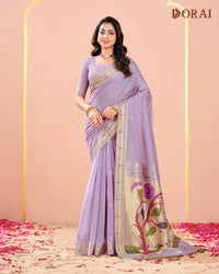 Amethyst Whisper – Lavender Muga Cotton Saree with Paithani Artistry