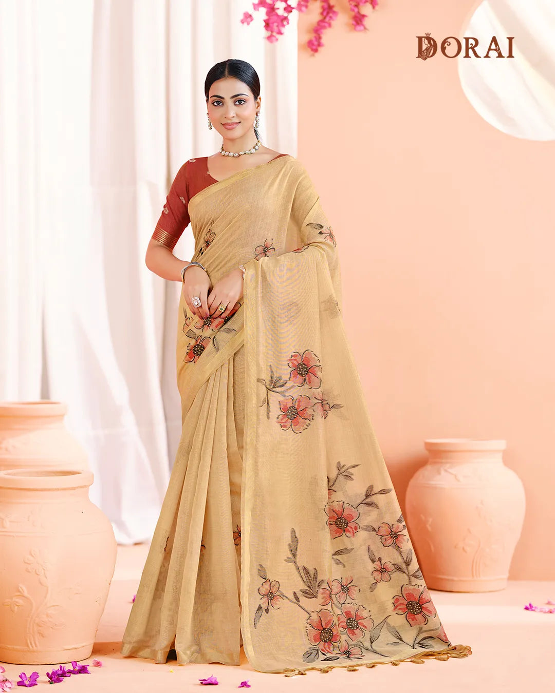 Rose Petal – Pink Muga Cotton Saree with Floral Charm