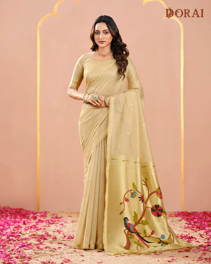 Mint Shimmer – Pista Green Muga Tissue Cotton Saree with Nature Artistry