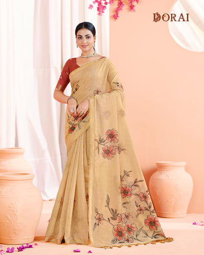 Dhakai Jamdani Beige Muga-cotton Saree – Woven Floral Pattern