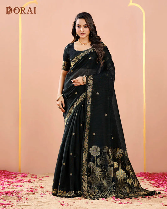 Midnight Elegance – Black Jute Linen Saree with Floral Artistry