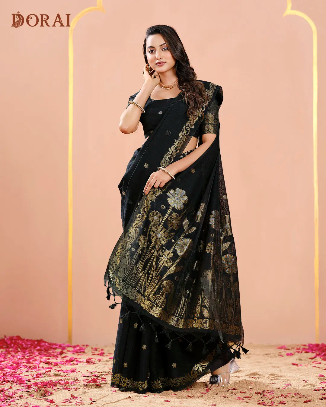 Midnight Elegance – Black Jute Linen Saree with Floral Artistry