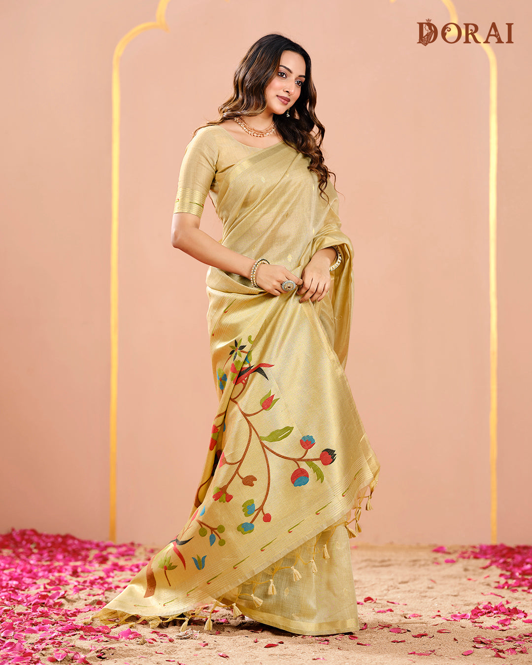 Pastel Green Zari Jamdani Muga Tissue Cotton  Saree | Woven Tree of Life Pallu