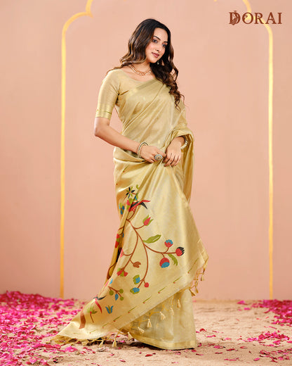 Pastel Green Zari Jamdani Muga Tissue Cotton  Saree | Woven Tree of Life Pallu