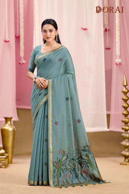 Blush Radiance – Rose Muga Cotton Saree with Peacock Artistry