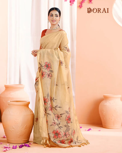Golden Earth – Chikoo Muga Cotton Saree with Floral Artistry