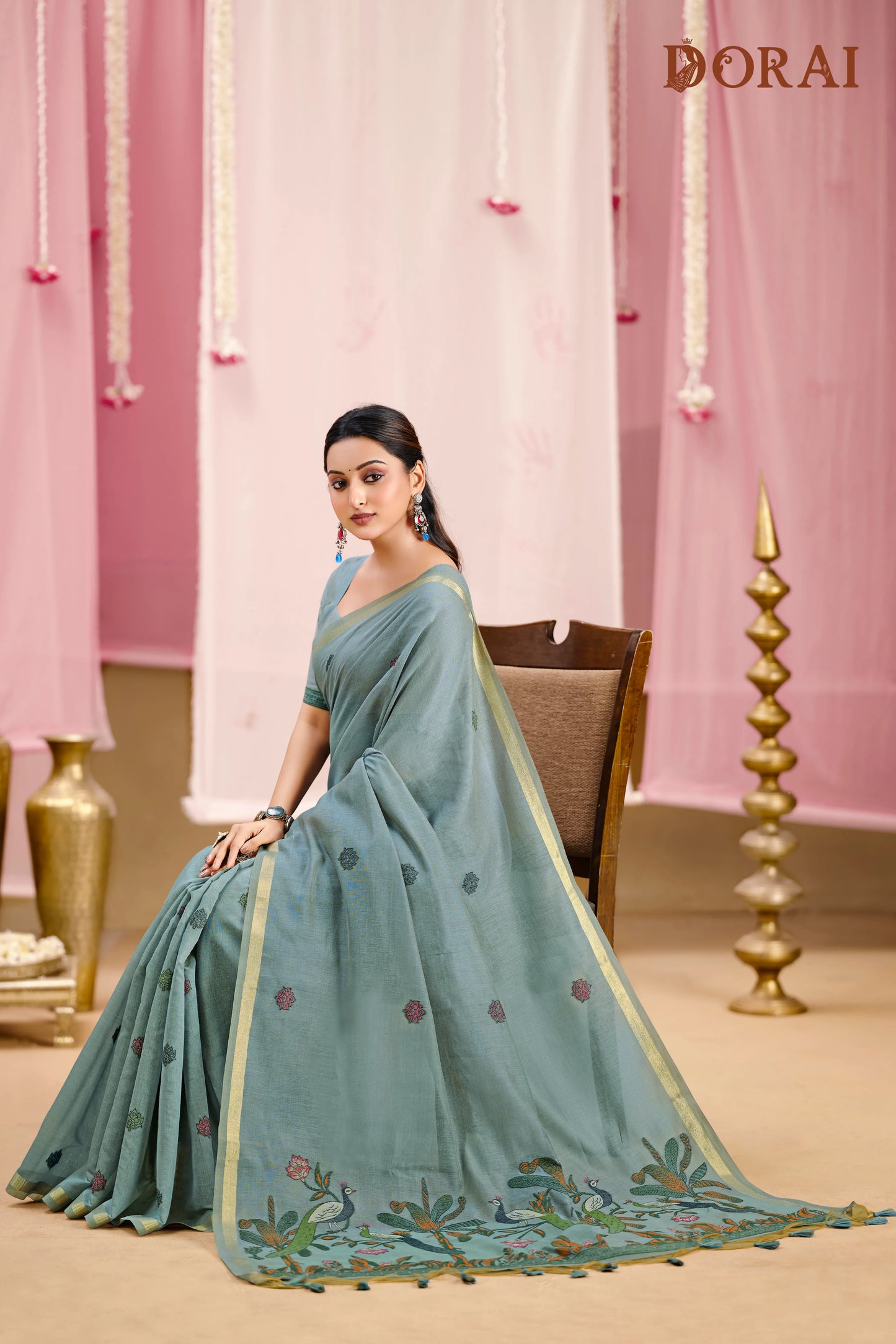 Azure Charm – Light Blue Muga Cotton Saree with Peacock Artistry