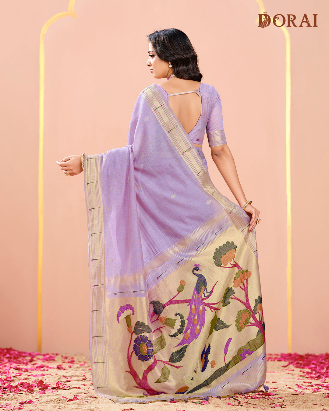 Lavender Muga Cotton Jamdani Saree | Paithani Inspired Woven Motifs