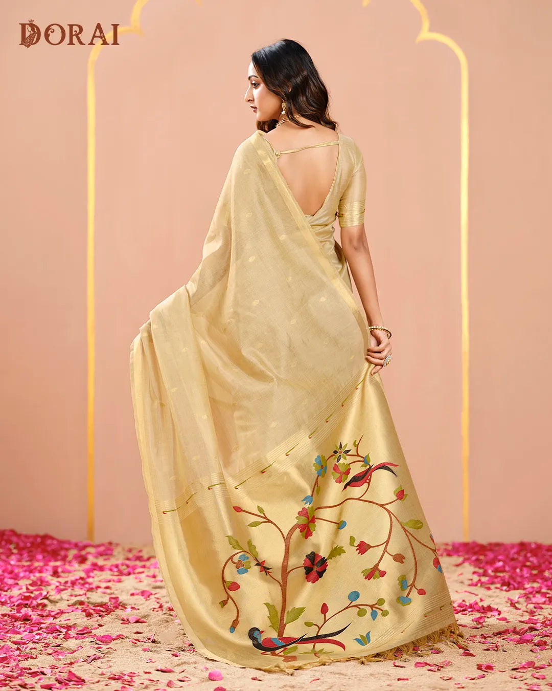Golden Lustre – Chikoo Muga Tissue Cotton Saree with Nature Artistry