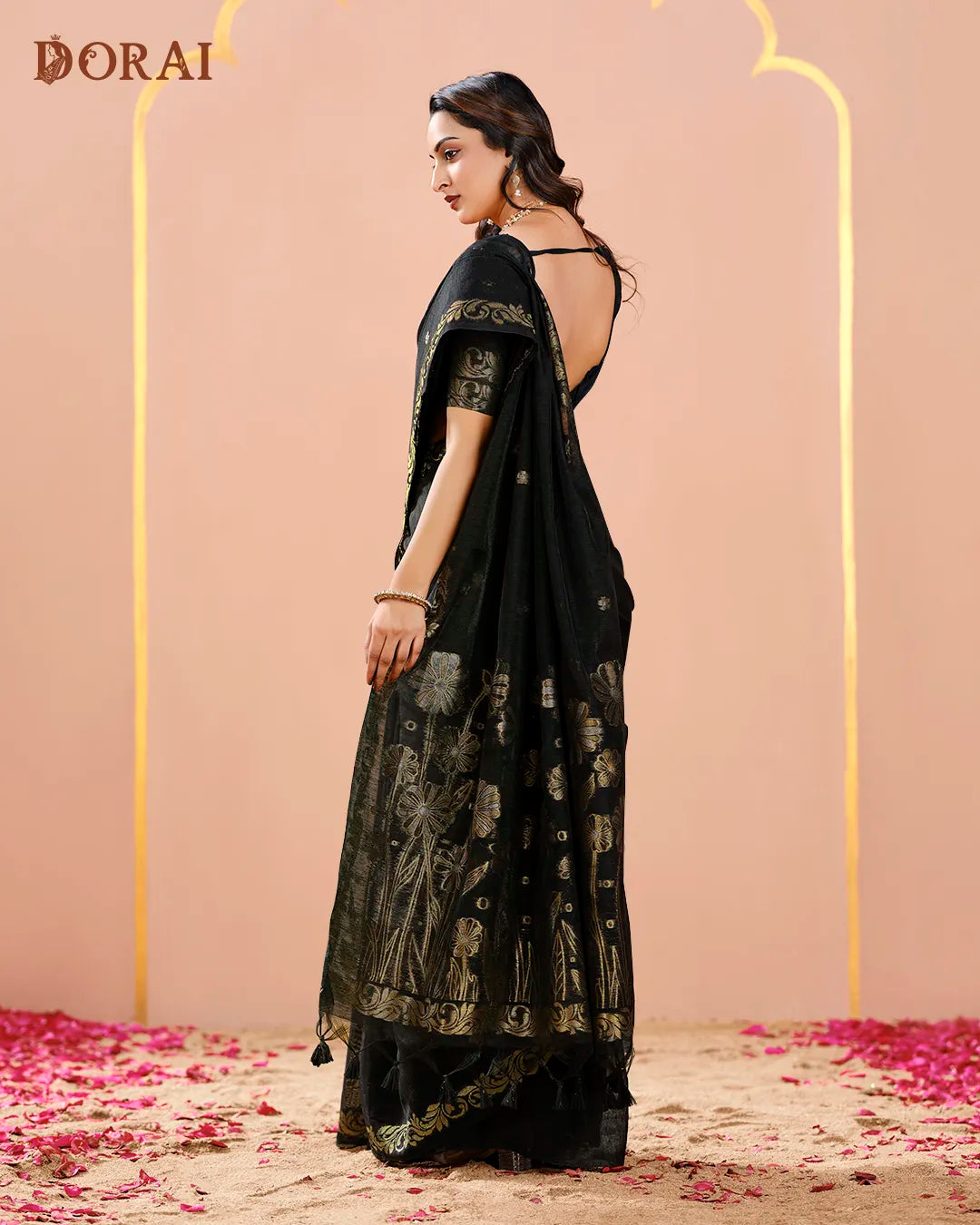 Midnight Elegance – Black Jute Linen Saree with Floral Artistry