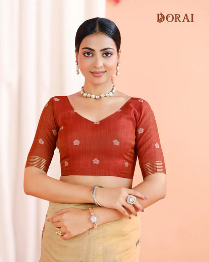 Golden Earth – Chikoo Muga Cotton Saree with Floral Artistry