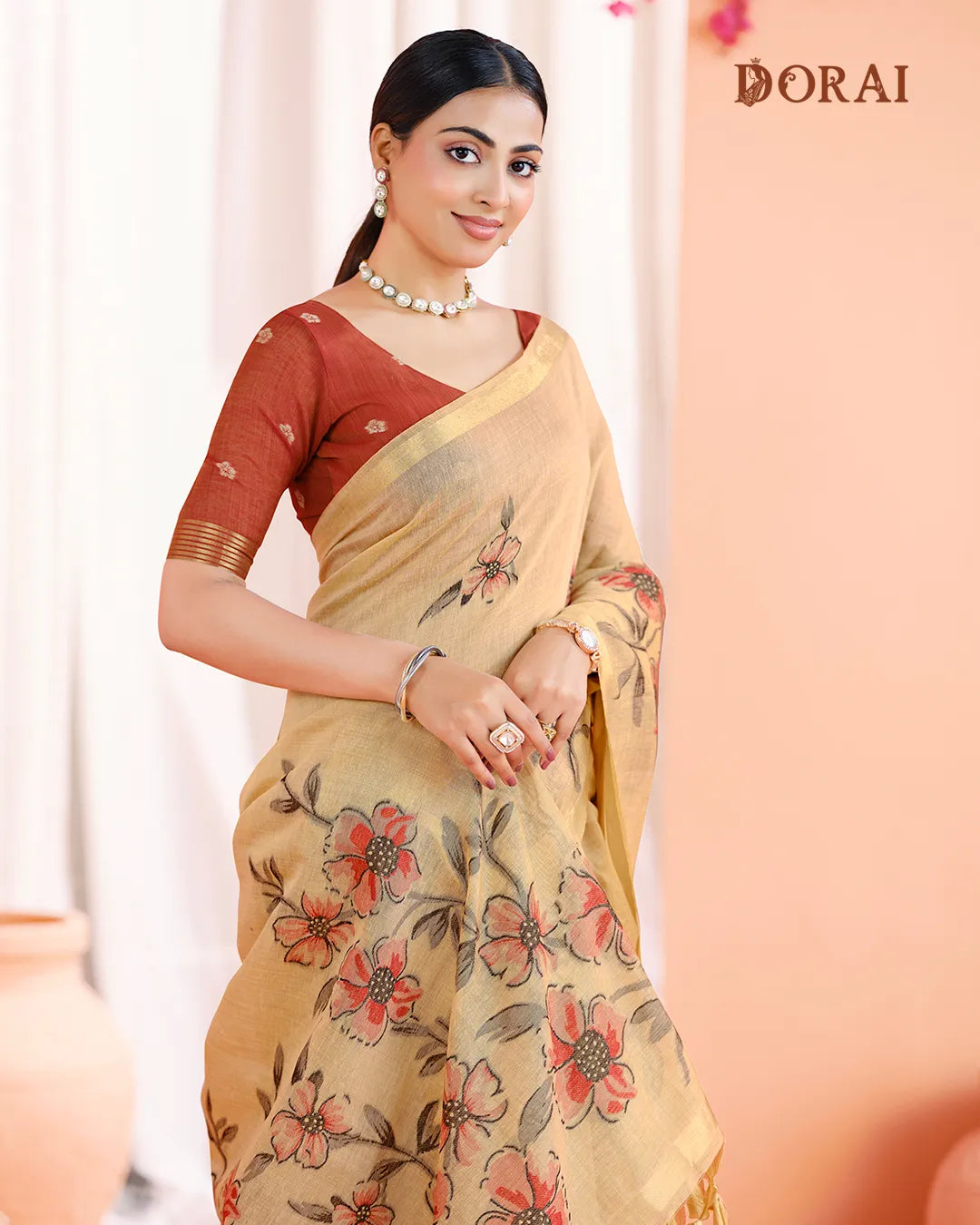 Mint Harmony – Pista Green Muga Cotton Saree with Floral Grace