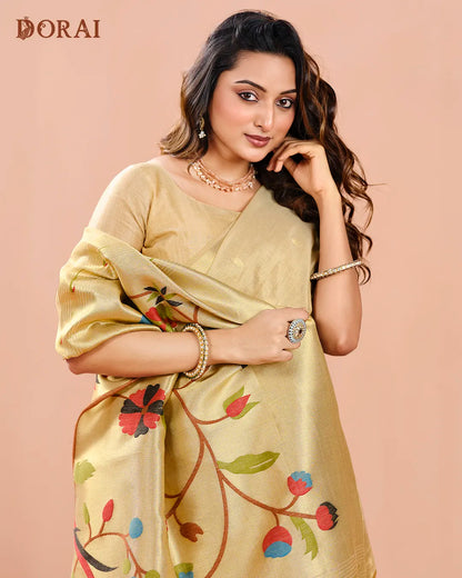 Golden Lustre – Chikoo Muga Tissue Cotton Saree with Nature Artistry