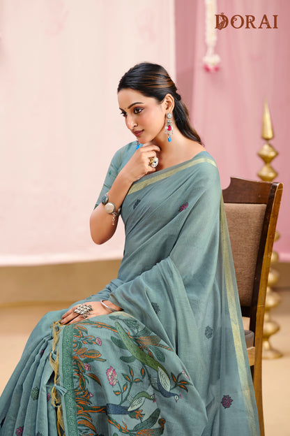 Dusty Blue Jamdani Muga-cotton Saree | Handwoven Peacock Motifs