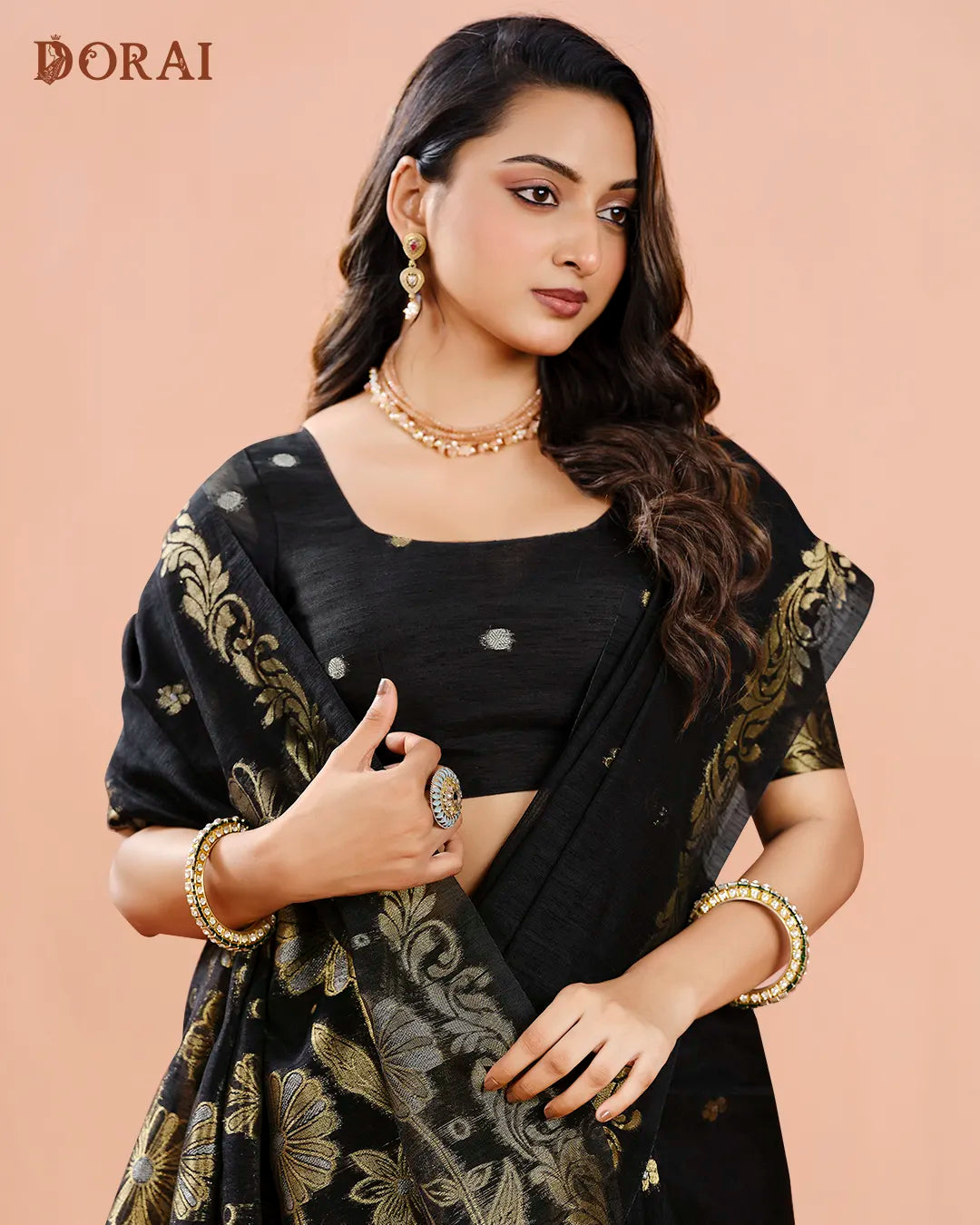 Midnight Elegance – Black Jute Linen Saree with Floral Artistry