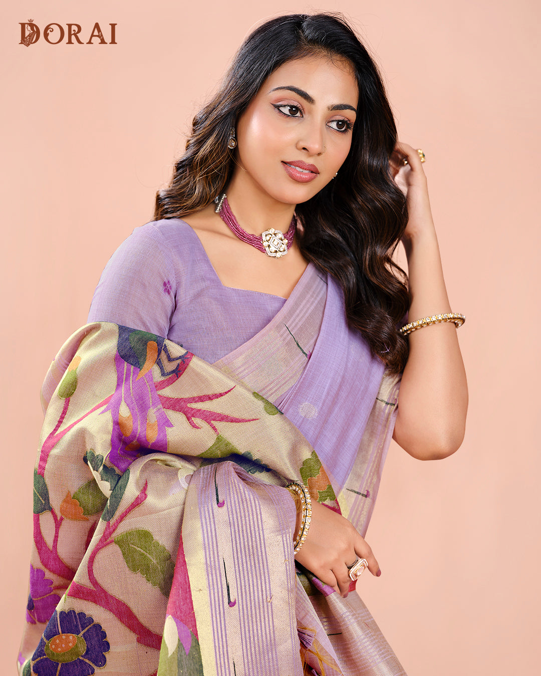 Lavender Muga Cotton Jamdani Saree | Paithani Inspired Woven Motifs