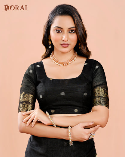 Mystic Black Zari Jamdani Saree | Handloom Jute Linen-Cotton Weave