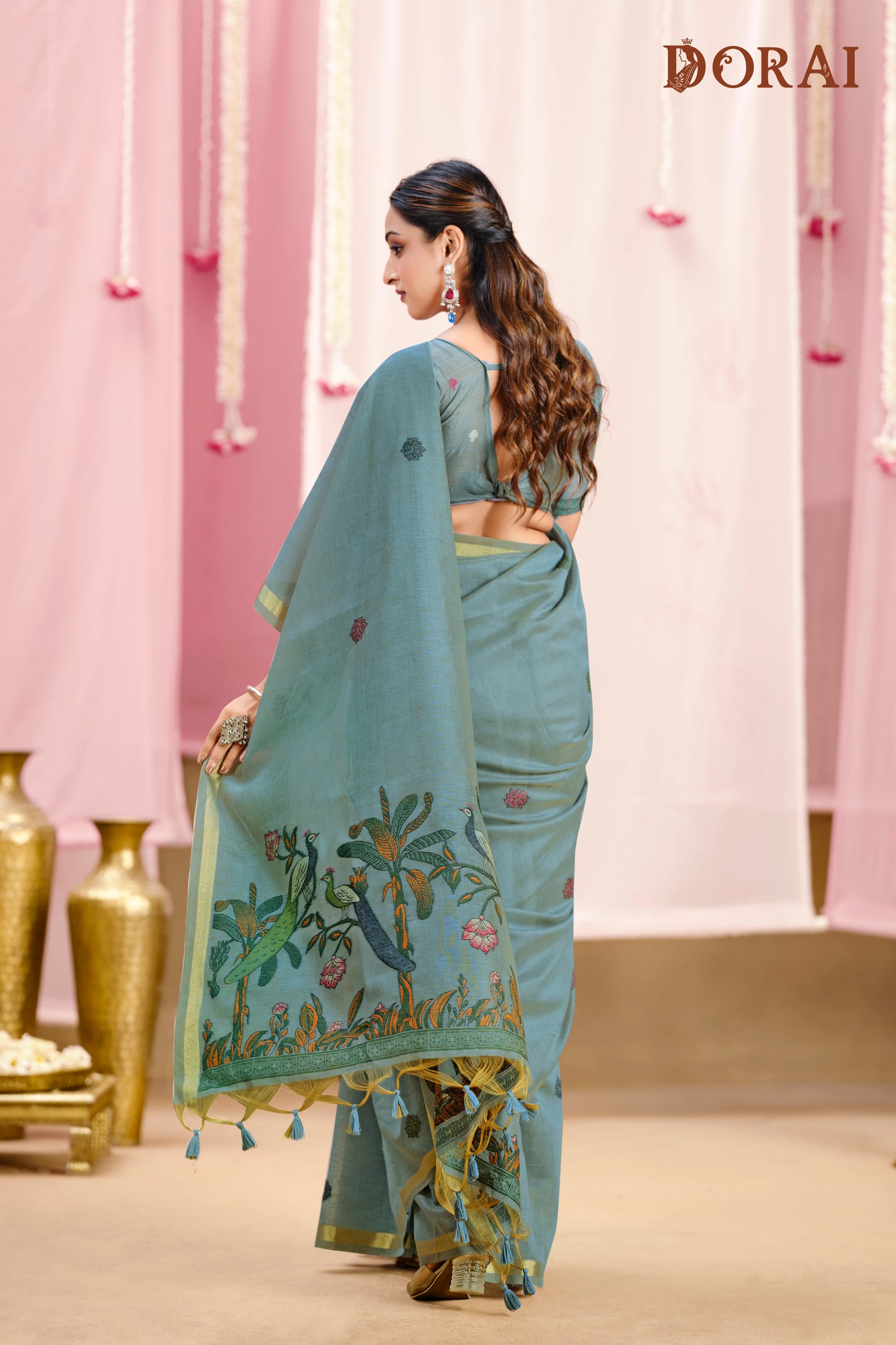 Dusty Blue Jamdani Muga-cotton Saree | Handwoven Peacock Motifs