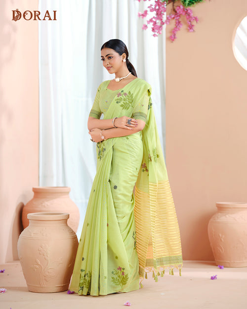 Lime Green Muga Cotton Saree | Printed Floral with Woven Oragana Pallu