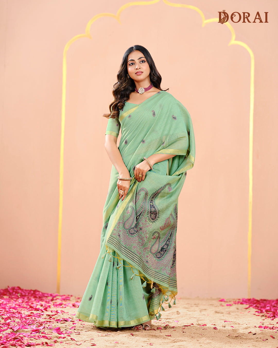 Fresh Mint Green Jamdani Muga-Cotton Saree | Woven Paisley