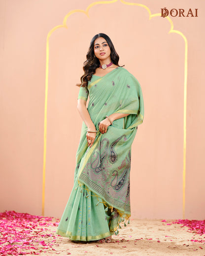Fresh Mint Green Jamdani Muga-Cotton Saree | Woven Paisley