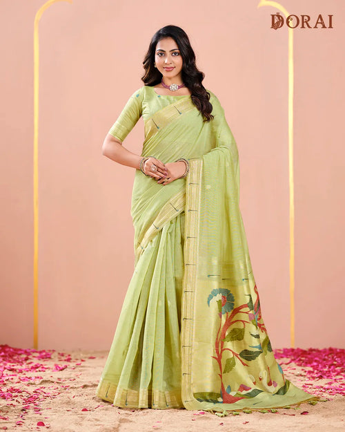 Mint Breeze – Pista Green Muga Cotton Saree with Paithani Artistry