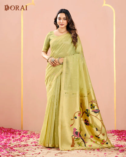 Mint Shimmer – Pista Green Muga Tissue Cotton Saree with Nature Artistry