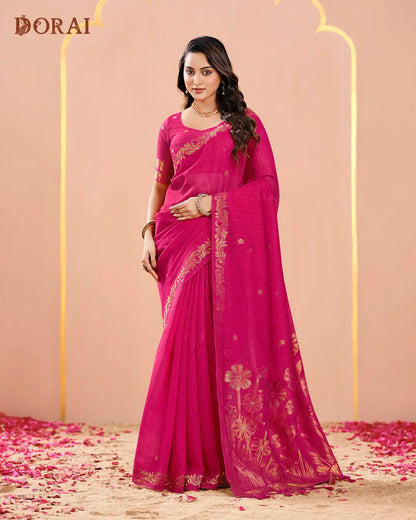 Navy Blue Jute Linen Saree with Floral Motifs