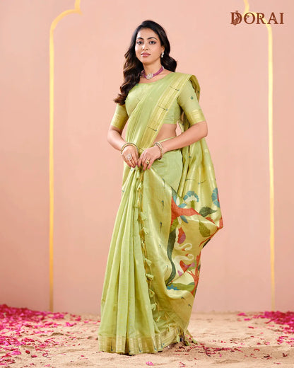 Mint Breeze – Pista Green Muga Cotton Saree with Paithani Artistry