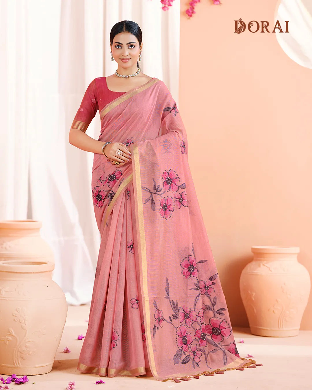 Rose Petal – Pink Muga Cotton Saree with Floral Charm