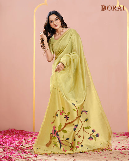 Dhakai Jamdani Light Pistachio Green Muga Tissue Cotton Saree – Woven Paisley Pallu