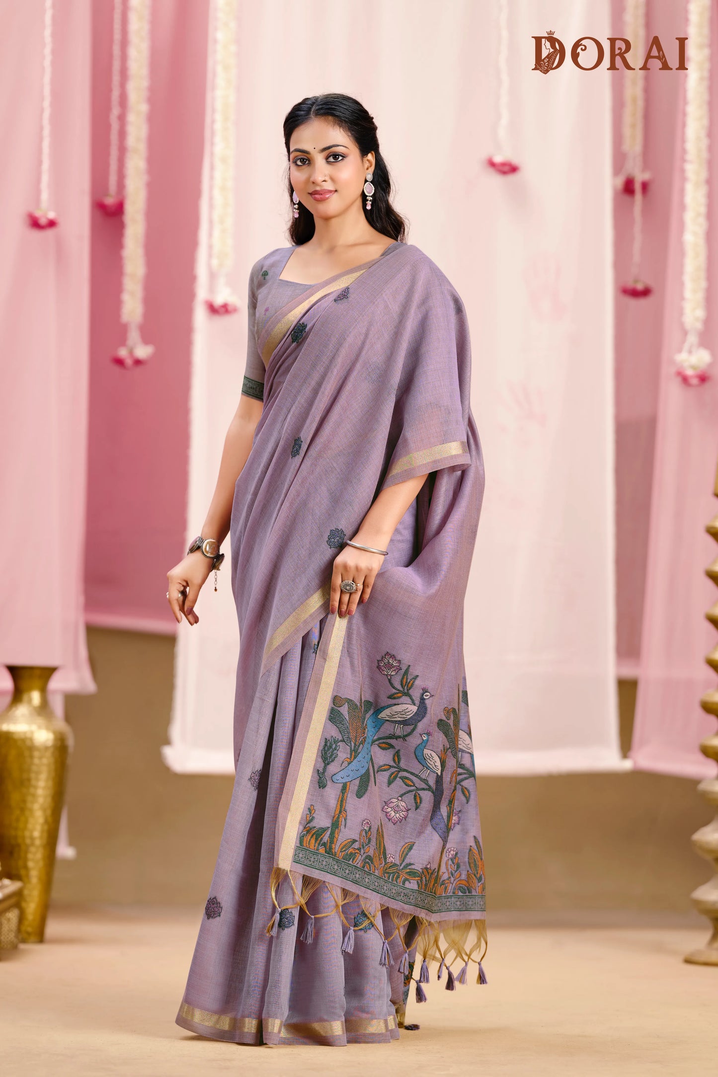 Lavender Grace – Light Violet Muga Cotton Saree with Peacock Artistry