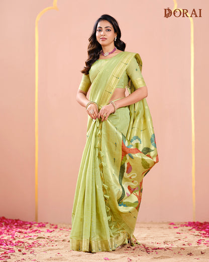 Pale Golden Beige Linen-Cotton Jamdani Saree | Paithani Inspired Artistic Woven Pallu